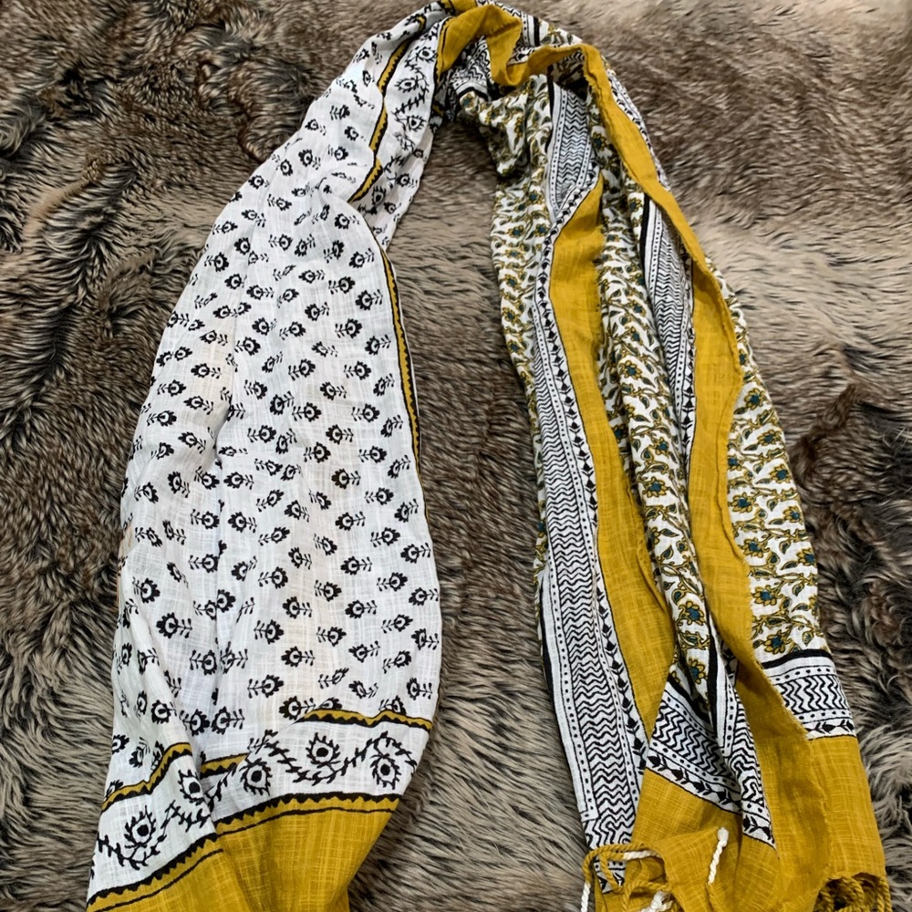 Boho Scarf golden rod, color with blues and blacks creams.